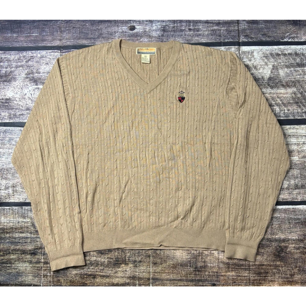 Bobby Chan Sweater Men's Large Silk Cotton Cable Knit Pullover Brown V-Neck